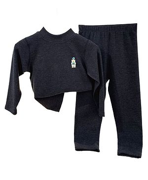 Little Surprise Box Cotton Full Sleeves Bear Patch Detailed Thermal Wear Set - Black