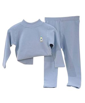 Little Surprise Box Cotton Full Sleeves Bear Patch Detailed Thermal Wear Set - Blue