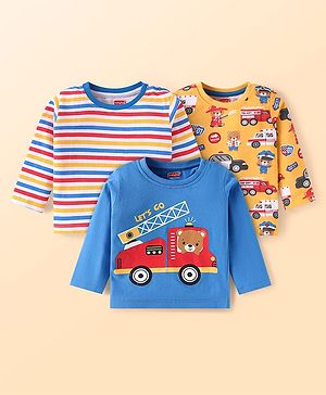 Babyhug Cotton Knit Full Sleeves T-Shirt with Stripes & Vehicle Graphics Pack of 3 - Blue Mustard