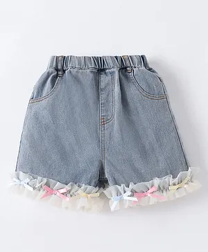 Mark & Mia Washed Shorts with Bow
                              Applique & Frills - Light Blue