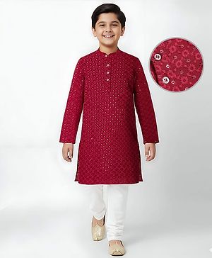Pine Kids Woven Full Sleeves Kurta Pyjama Set With Floral & Sequin Embroidery - Maroon