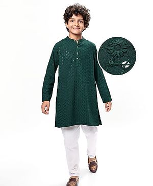Pine Kids Woven Full Sleeves Kurta Pyjama Set With Sequin Detailing - Dark Green