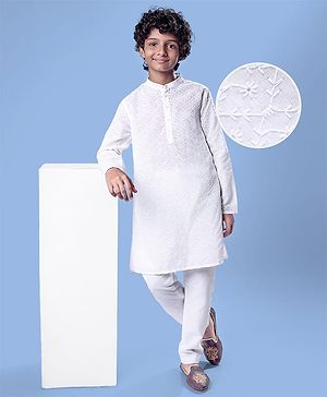 Pine Kids Cotton Woven Full Sleeves Kurta Pyjama Set with Floral Chikankari Work - White