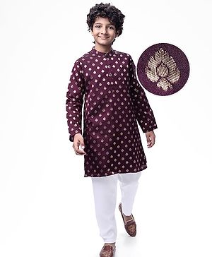 Pine Kids Full Sleeves Woven Kurta Pyjama Set with Floral Embroidery - Wine