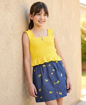 Pine Kids Cotton Woven Sleeveless Top & Skirt Set With Floral Embroidery - Yellow & Navy Blue