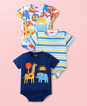 Babyhug 100% Cotton Knit Half Sleeves Onesies With Animal Print Pack of 3 - Navy Blue & White