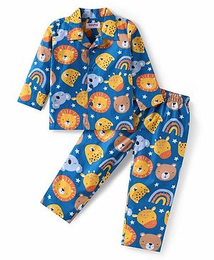 Babyhug Cotton Woven Full Sleeves Night Suit With Animal Print - Blue