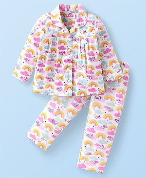 Babyhug Cotton Knit Full Sleeves Front Open Night Suit with Clouds Print - White