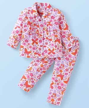 Babyhug Cotton Knit Full Sleeves Front Open Night Suit with Floral & Butterfly Print - White