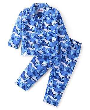 Babyhug Cotton Woven Full Sleeves Front Open Collar Neck Night Suit with Dino Print - Blue