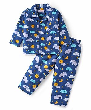 Babyhug Cotton Woven Full Sleeves Front Open Night Suit with Elephant Print - Navy Blue