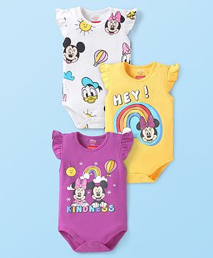 Babyhug Disney Interlock Knit Frill Sleeves Onesies with Minnie & Friends Graphics Pack of 3 - Yellow White & Purple