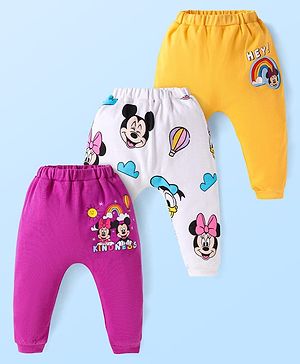 Babyhug Disney Interlock Knit Full Length Diaper Leggings with Minnie & Friends Graphics Pack of 3 - Dark Pink White Yellow