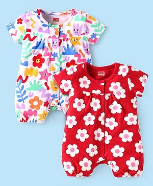 Babyhug 100% Cotton Knit Half Sleeves Rompers With Floral Print Pack of 2 - Red & White