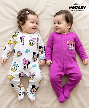 Babyhug Disney Interlock Knit Full
                              Sleeves Footed Sleep Suits With Minnie
                              & Friends Graphics Pack Of 2 - White
                              & Purple