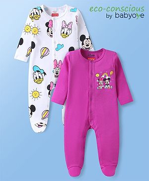 Babyhug Disney Interlock Knit Full Sleeves Footed Sleep Suits With Minnie & Friends Graphics Pack Of 2 - White & Purple