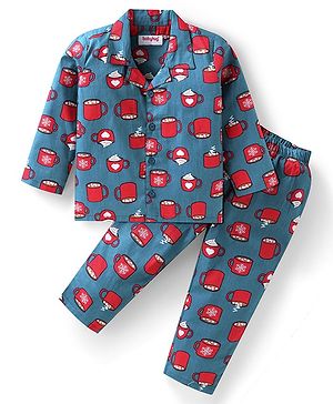 Babyhug Cotton Woven Full Sleeves Night Suit With Hot Chocolate Print - Teal Blue