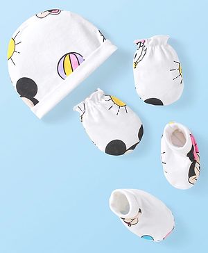 Babyhug Disney Interlock Knit Cap Mittens & Booties Set with Minnie Mouse Graphics White - Diameter 10.5 cm