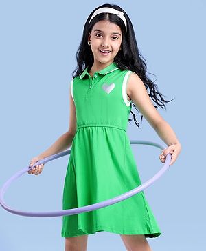 Pine Kids Cotton Knit Sleeveless Collared Dress with Foil Heart Print - Light Green