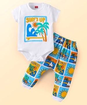 Babyhug 100% Cotton Knit Half Sleeves Onesie with Leggings with Beach Theme - White & Blue