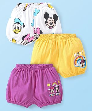 Babyhug Disney Lycra Knit Bloomers With Minnie & Friends Graphics Pack of 3 - White Yellow & Purple