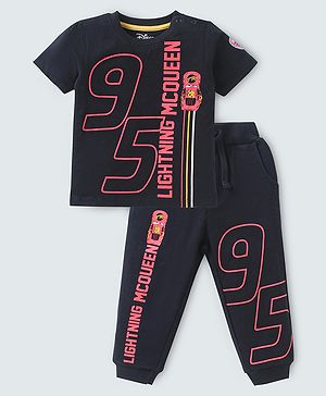 Babyhug Disney Terry Knit Half Sleeve T-Shirt & Lounge Pants Set With MC Queen Graphics - Black