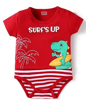 Babyhug 100% Cotton Knit Half Sleeves Dino Printed Onesie - Red