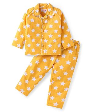 Babyhug Cotton Woven Full Sleeves Night Suit With Star Print - Yellow