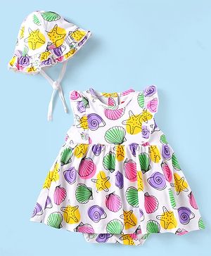 Babyhug Single Jersey Knit Sleeveles Onesie & Cap with Beach Theme Print - White & Pink