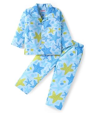 Babyhug Cotton Woven Full Sleeves Night Suit with Starfish Print - Light Blue