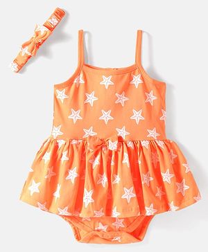 Babyhug 100% Cotton Knit Sleeveless Star Printed Frock Style Onesies with Headband & Bow Applique  - Coral