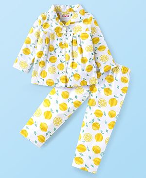 Babyhug Cotton Woven Full Sleeves Co-ords Night Suit with Lemon Print - White