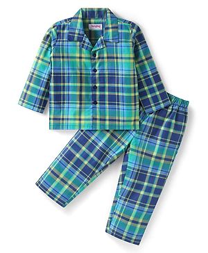 Babyhug Cotton Woven Full Sleeves Front Open Collar Neck Checkered Night Suit - Mint