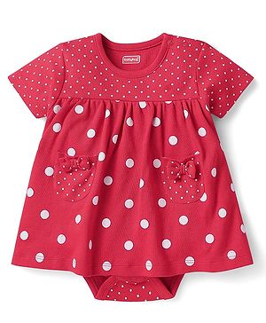 Babyhug Single Jersey Knit Half Sleeves Frock Style Onesie With Polka Dots - Red