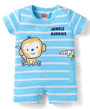 Babyhug 100% Cotton Knit Half Sleeves Romper with Stripes Monkey Print - Light Blue
