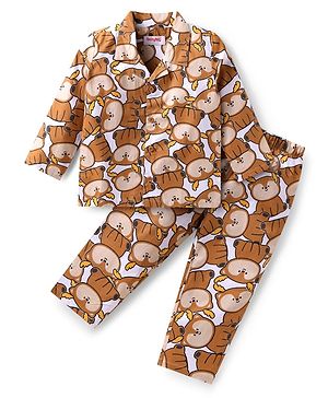 Babyhug Cotton Woven Full Sleeves Front Open Collar Neck Night Suit with Bear Print - White