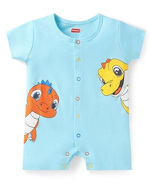 Babyhug Interlock Knit Half Sleeves Romper With Dragon Print - Light Blue