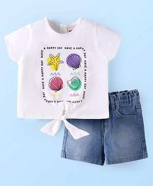 Babyhug Single Jersey Knit Half Sleeves Sea Animals Printed Top & Solid Denim Shorts Set - White & Blue