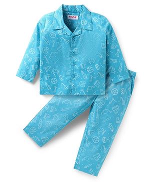 Babyhug Cotton Woven Full Sleeves Night Suit With Animal & Vehicle Print - Light Blue