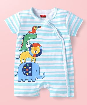 Babyhug Interlock Knit Half Sleeves Romper with Stripes & Animal Print - Light Blue