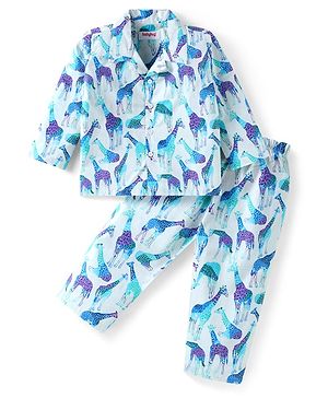 Babyhug Cotton Woven Full Sleeves Night Suit With Giraffe Print - Light Blue