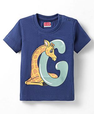 Babyhug Cotton Knit Half Sleeves T-Shirt with Giraffe Print - Navy Blue