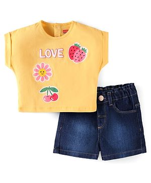 Babyhug Single Jersey Knit Half Sleeves Fruit Printed Top & Solid Denim Shorts Set - Orange & Blue
