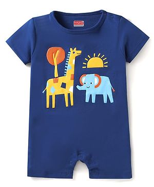 Babyhug Interlock Knit Half Sleeves Romper with Animal Print - Navy Blue