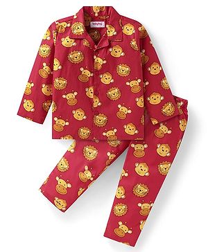 Babyhug Cotton Woven Full Sleeves Night Suit With Bear Print - Rust Orange
