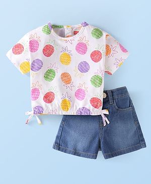 Babyhug Single Jersey Knit Half Sleeves Pineapple Printed Top & Solid Denim Shorts Set - White & Blue