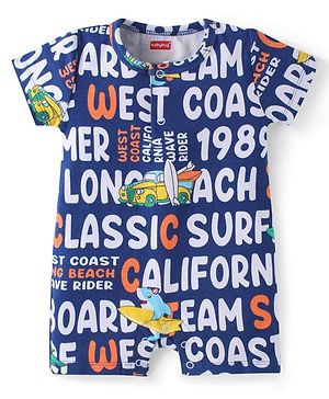 Babyhug Interlock Knit Half Sleeves Romper With Text Print - Navy Blue