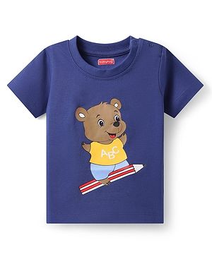 Babyhug Cotton Knit Half Sleeves T-Shirt With Teddy Bear Print - Navy Blue