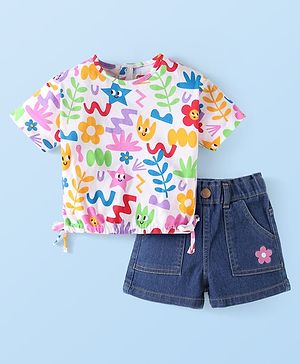 Babyhug Single Jersey Knit Half Sleeves Floral Printed Top & Solid Denim Shorts Set - White & Blue