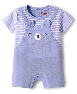 Babyhug Interlock Knit Half Sleeves Striped Romper with Bear Ear Applique - Light Blue